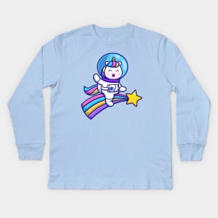 Cute Unicorn Astronaut Riding Rainbow Cartoon Kids Long Sleeve T-Shirt